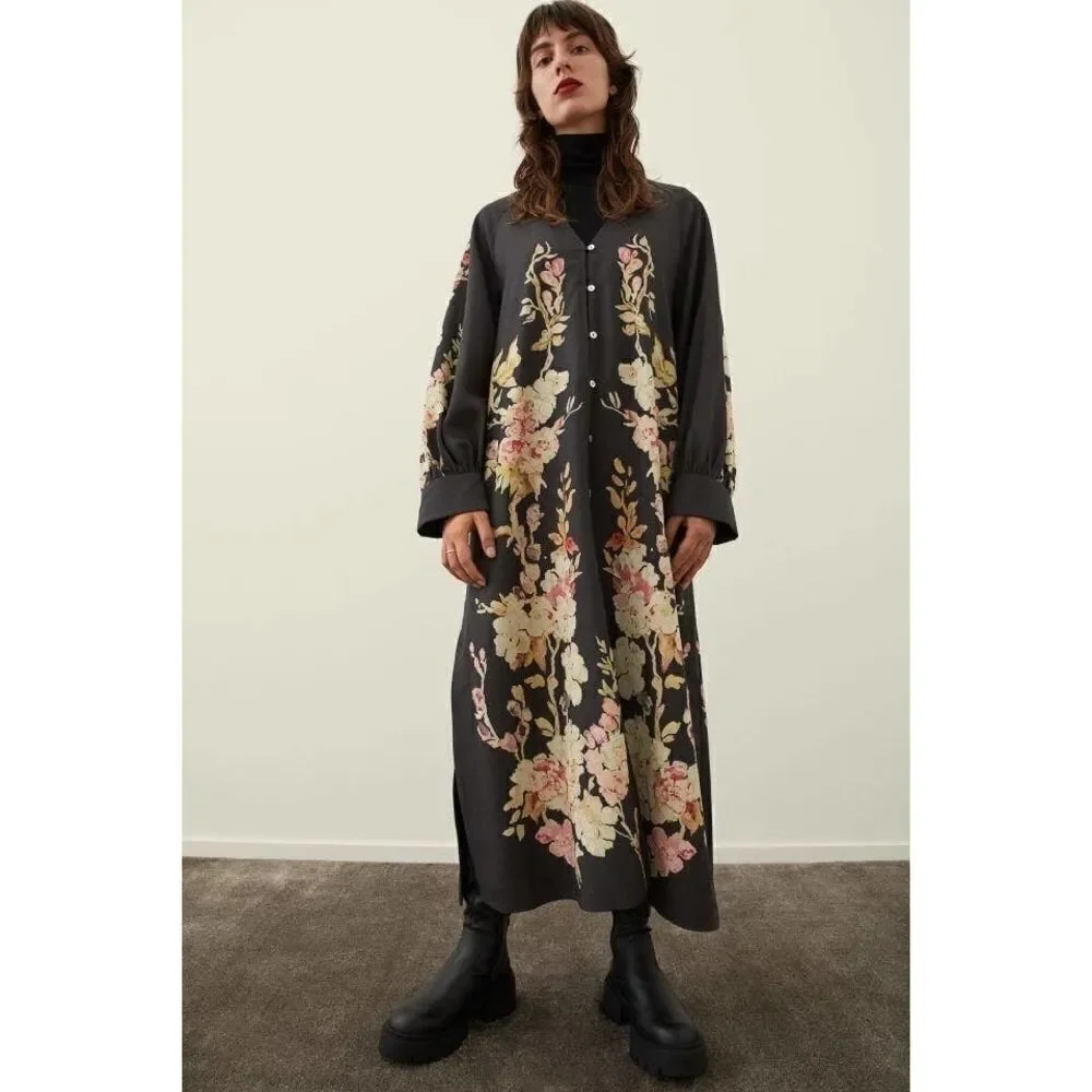 H&M Limited Floral Print Dress Linen Blend New - Picture 8 of 12